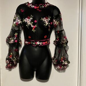 Floral Embroidered Black Sheer Top